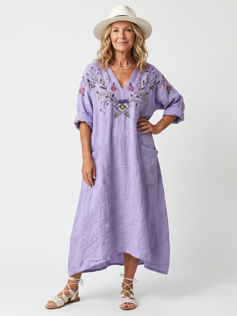 Sandrine | Robe Midi Brodée à Poches
