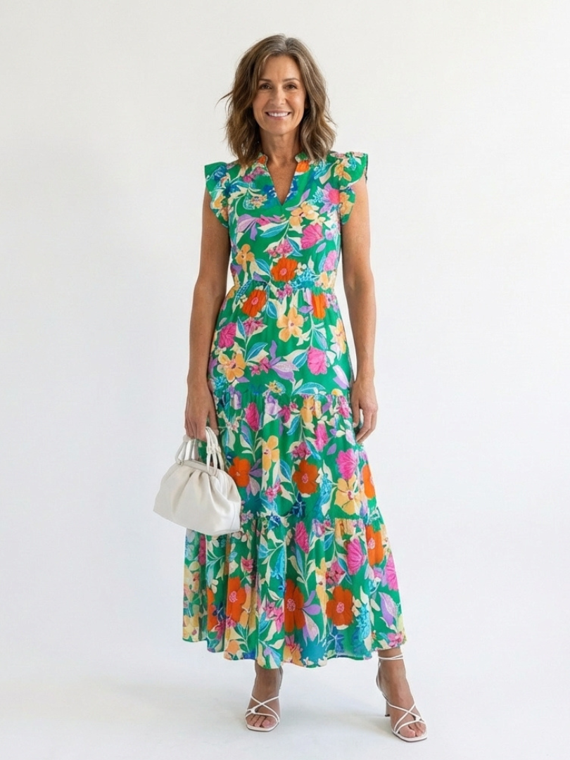 Élina | Robe Maxi Fleurie Volants Tropicaux