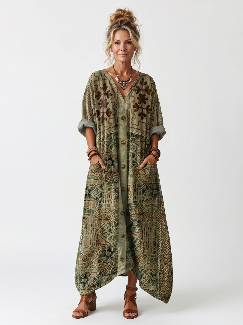 Monique | Robe Midi Brodée Boutonnée