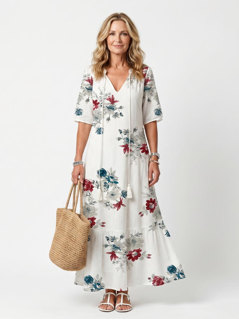 Élina | Robe Midi Fleurie à Pompons