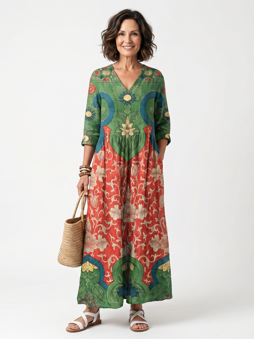 Amélie | Robe Midi Fleurie à Taille Froncée