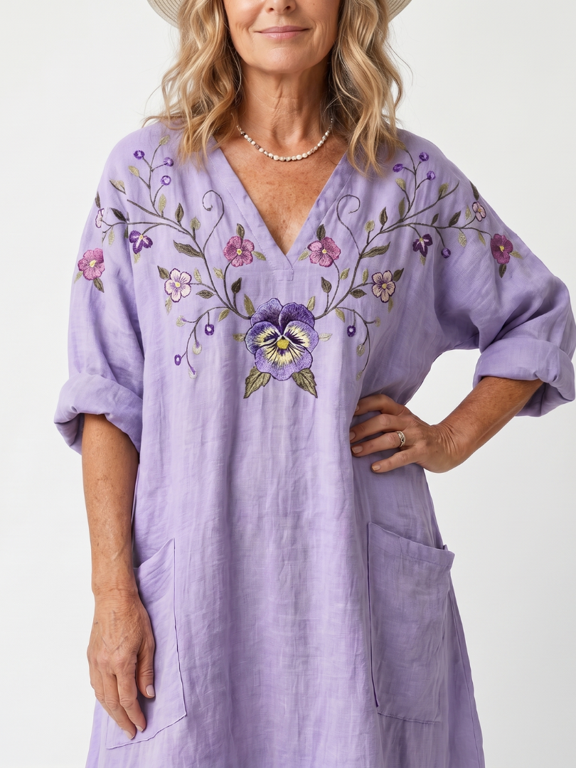 Sandrine | Robe Midi Brodée à Poches