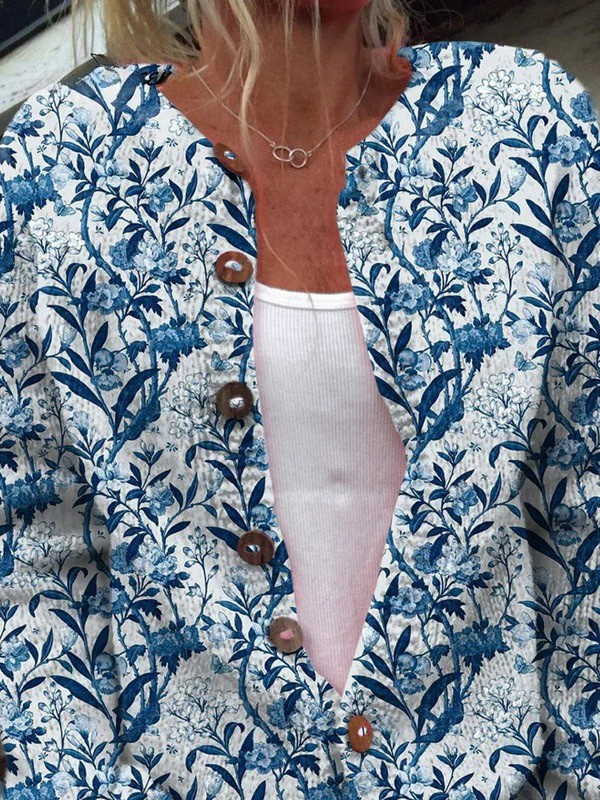 Margot | Cardigan Toile Bleue Fleurie