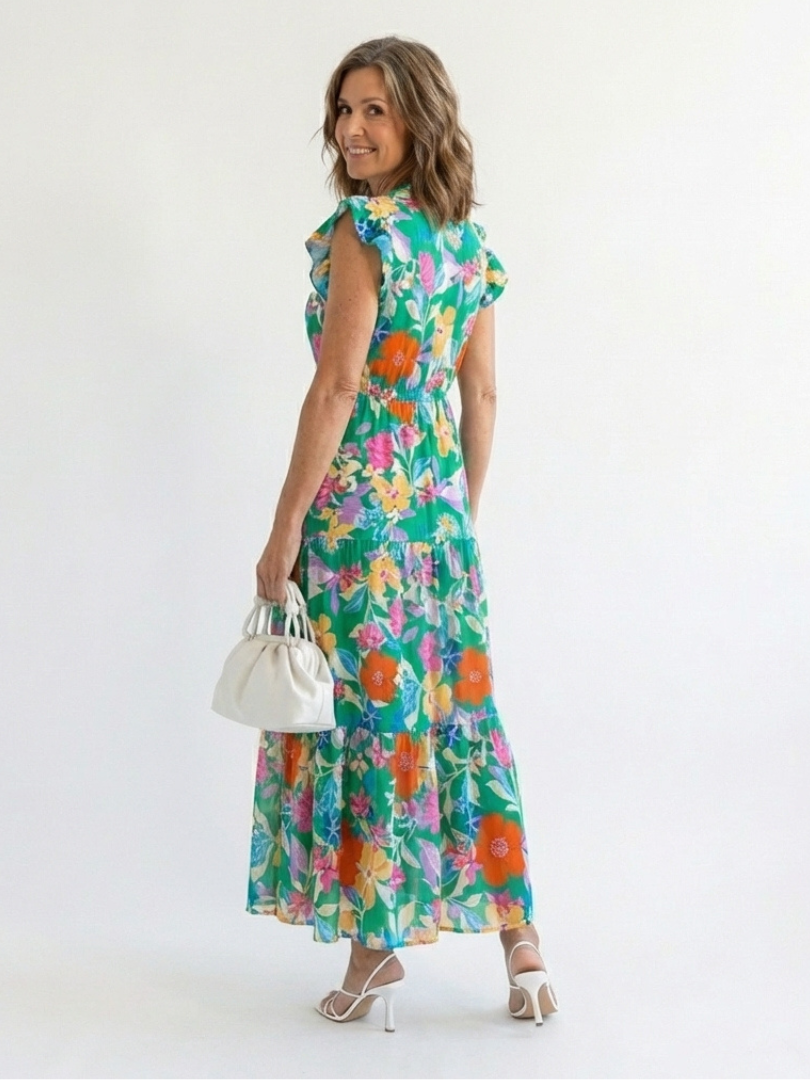 Élina | Robe Maxi Fleurie Volants Tropicaux