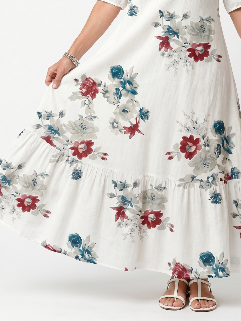 Élina | Robe Midi Fleurie à Pompons