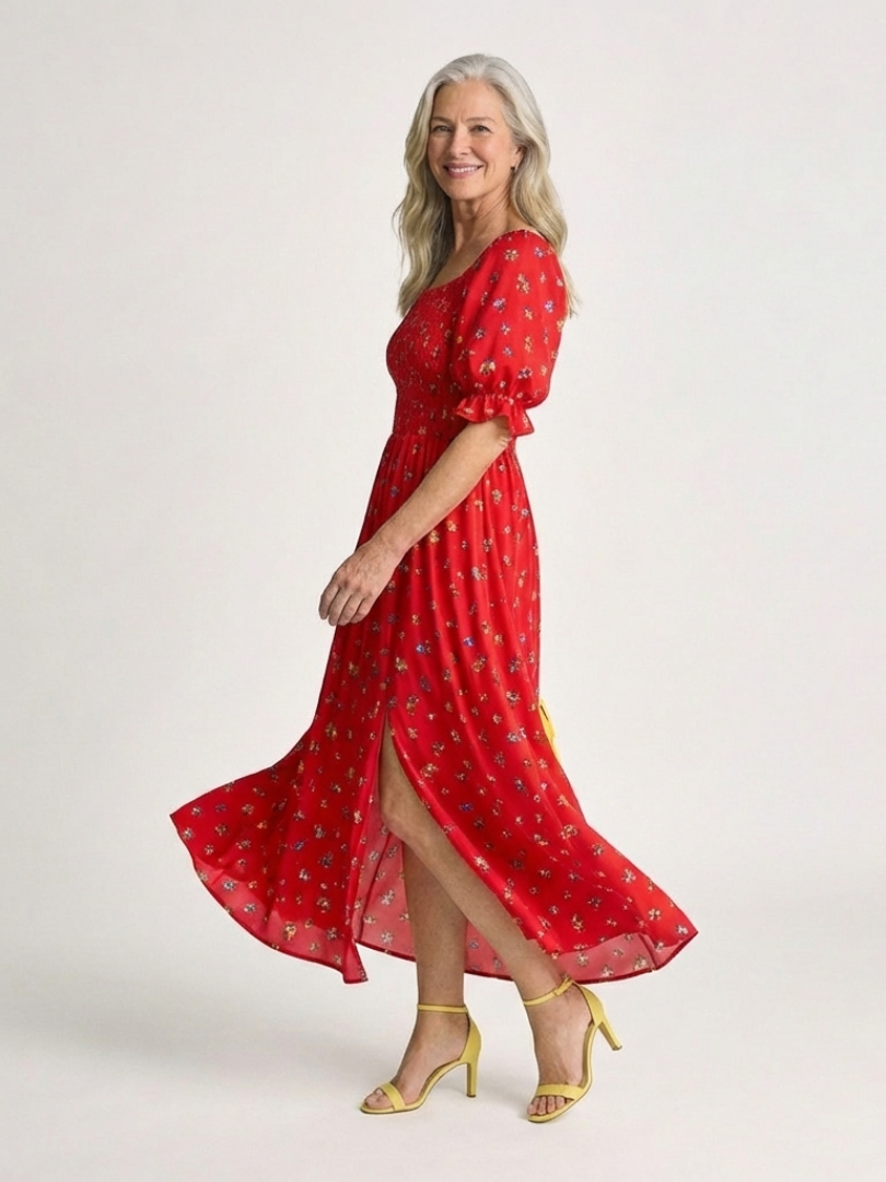 Delphine | Robe Midi à Manches Bouffantes