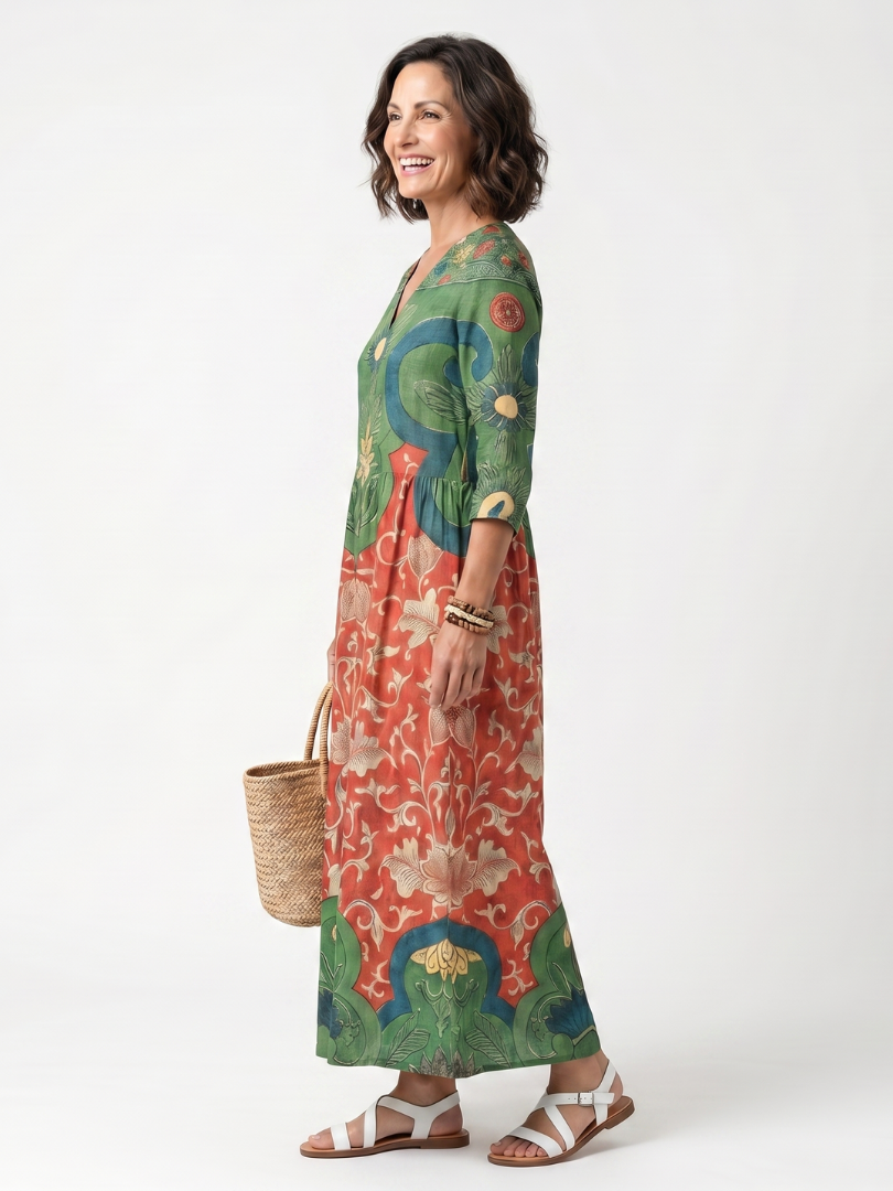 Amélie | Robe Midi Fleurie à Taille Froncée