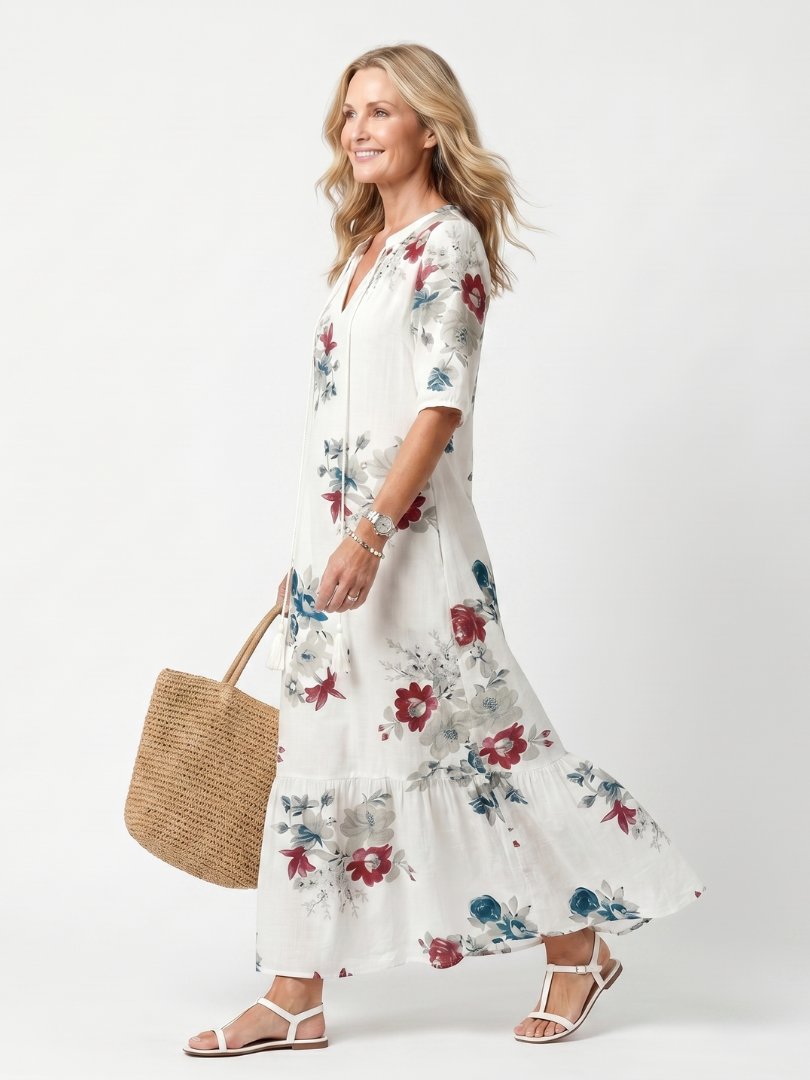 Élina | Robe Midi Fleurie à Pompons