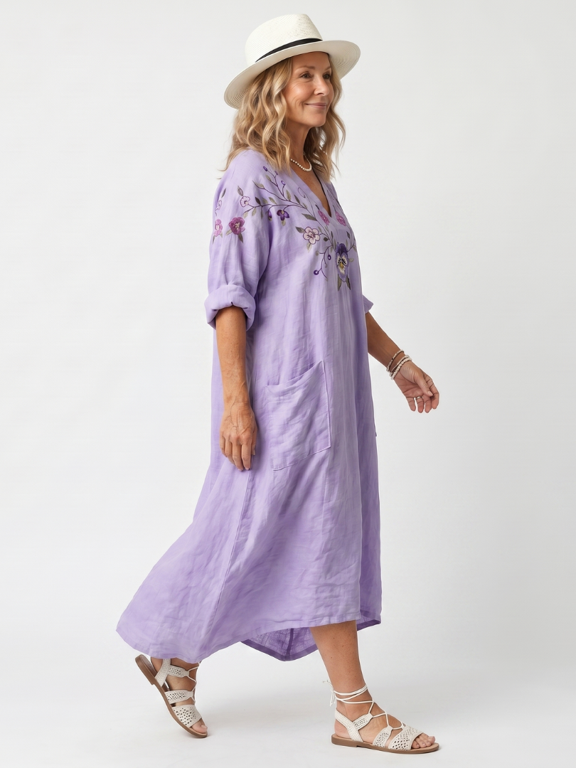 Sandrine | Robe Midi Brodée à Poches