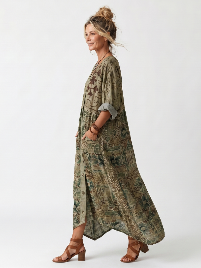 Monique | Robe Midi Brodée Boutonnée