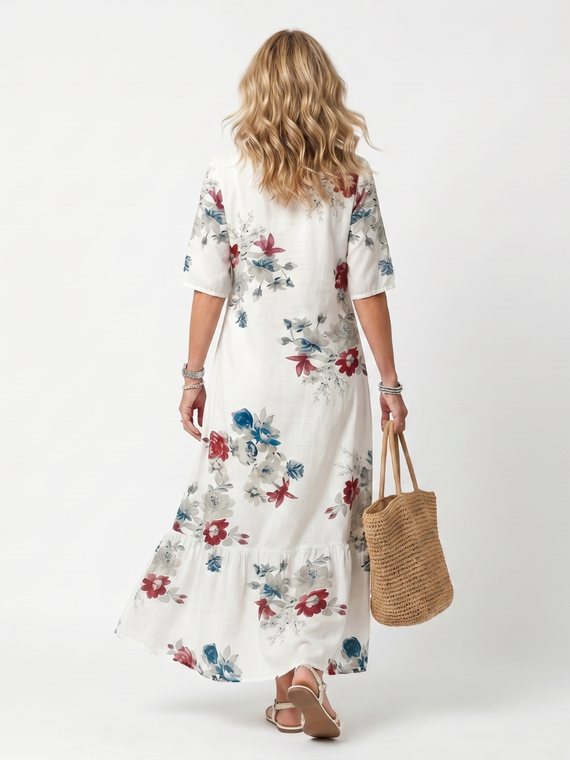 Élina | Robe Midi Fleurie à Pompons