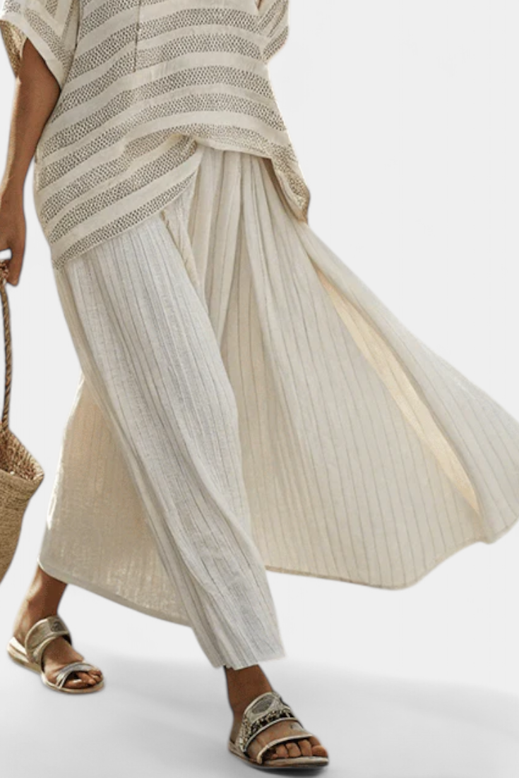 Graziella – top à rayures en bambou naturel et pantalons fluides en lin