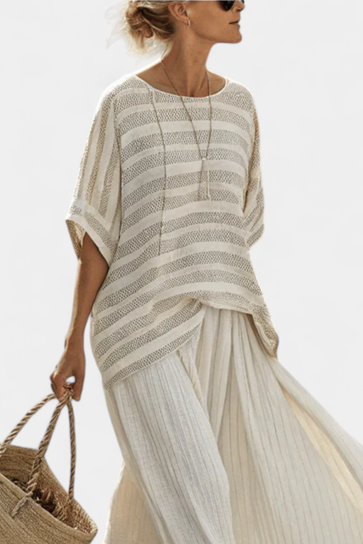 Graziella – top à rayures en bambou naturel et pantalons fluides en lin