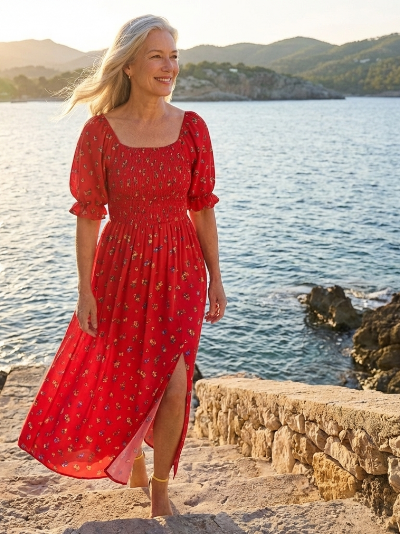 Delphine | Robe Midi à Manches Bouffantes