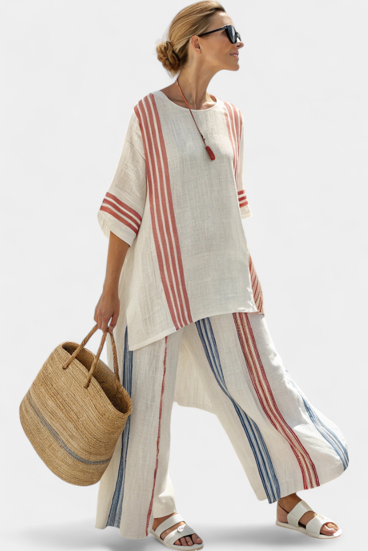 Ludovica – haut à rayures multicolores sophistiqué et pantalons méditerranéens