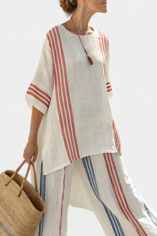Ludovica – haut à rayures multicolores sophistiqué et pantalons méditerranéens