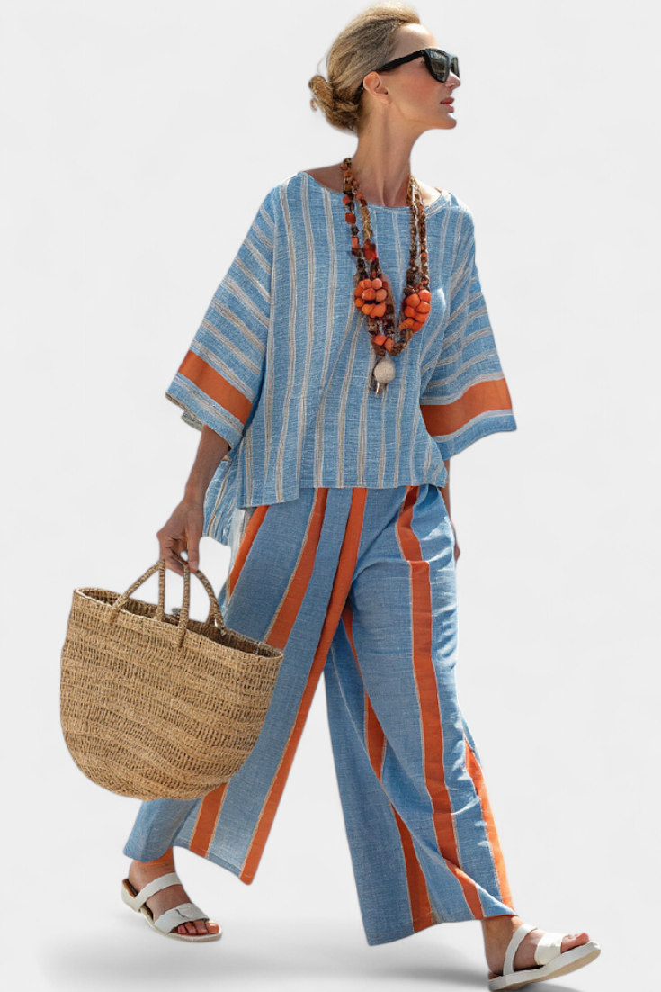 Valeria – haut strié terracotta sophistiqué et pantalons en lin