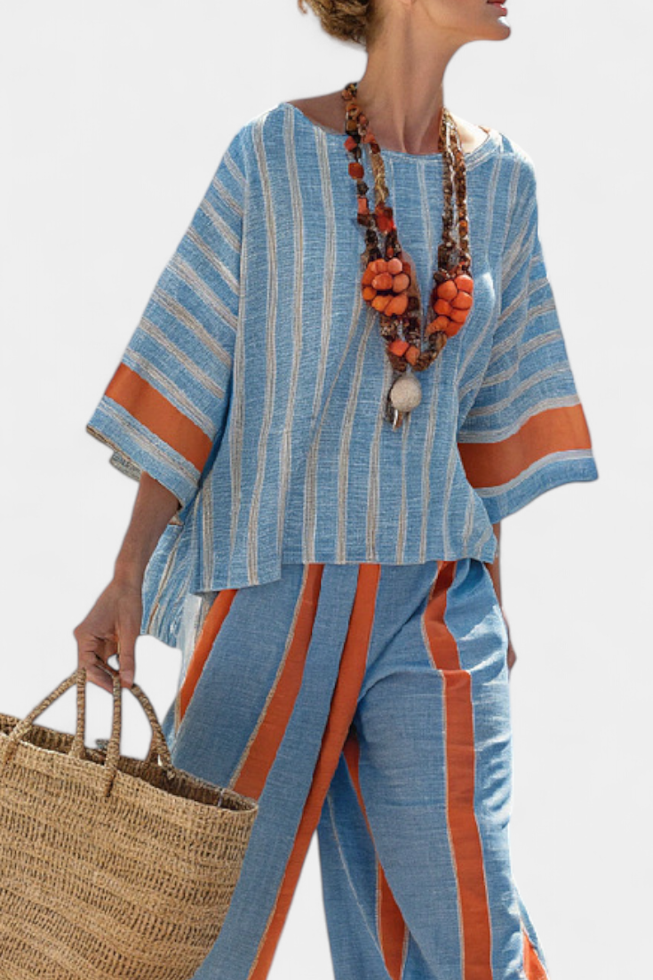 Valeria – haut strié terracotta sophistiqué et pantalons en lin