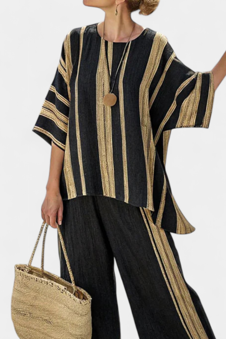 Tamara – haut oversized à rayures confortable et pantalon en lin décontracté