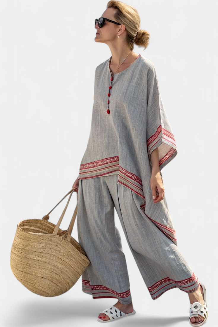 Rossella – blouse asymétrique sophistiquée et pantalons ethniques à jambes larges