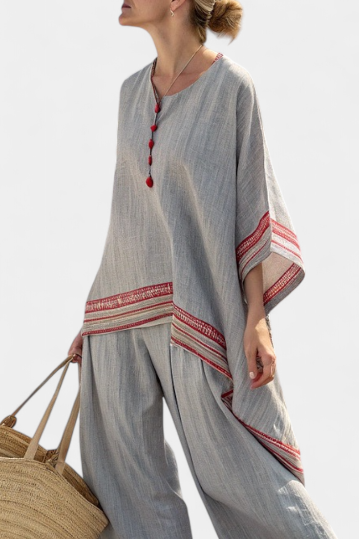 Rossella – blouse asymétrique sophistiquée et pantalons ethniques à jambes larges