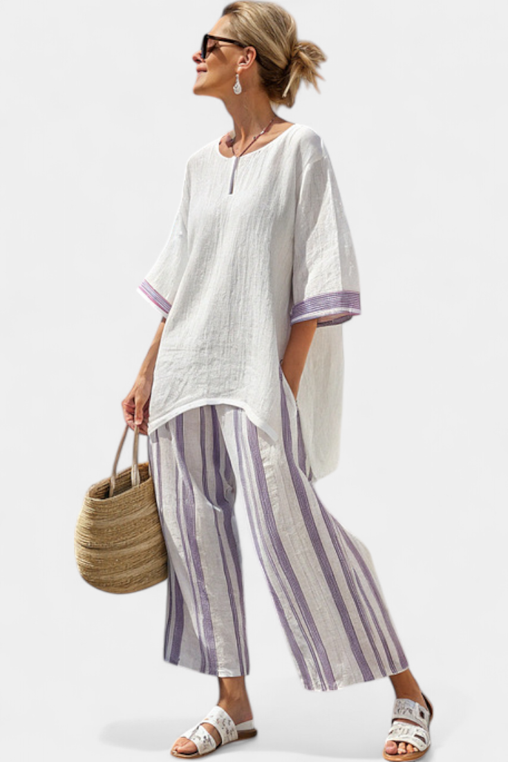 Allegra – blouse confortable et pantalons rayés en bambou