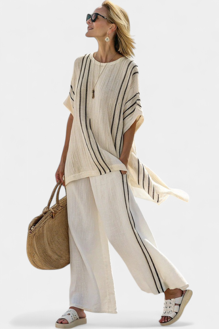 Raffaella – blouse en lin beige élégante et pantalon à rayures noires