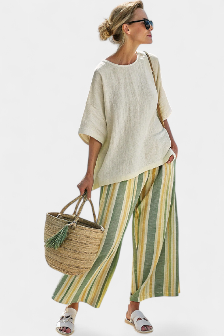 Caterina – haut sophistiqué et pantalon en lin à rayures
