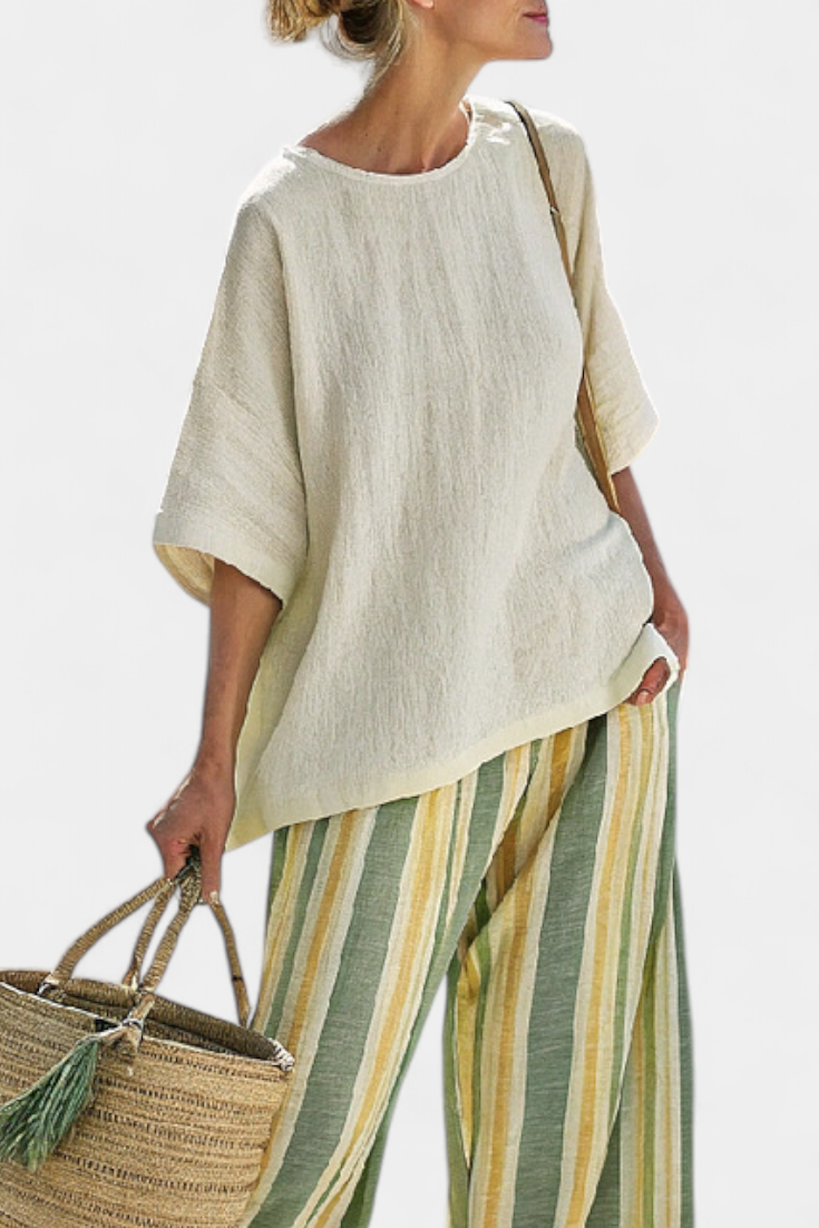 Caterina – haut sophistiqué et pantalon en lin à rayures