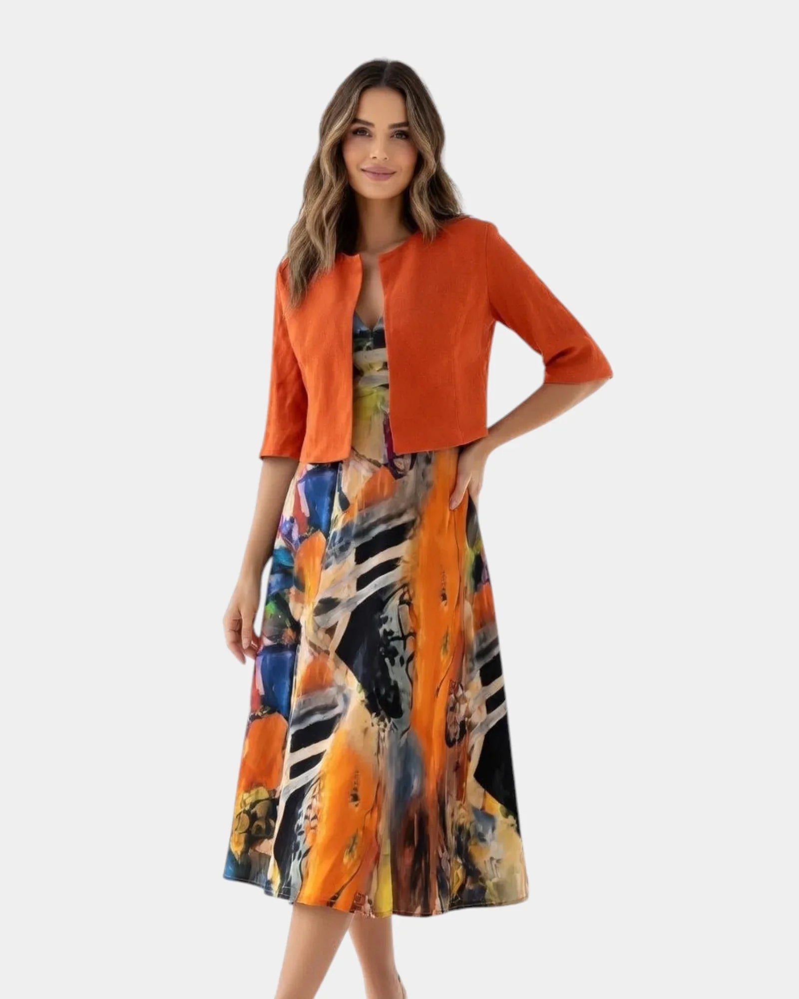 Stacy | Robe midi fluide imprimée avec veste assortie