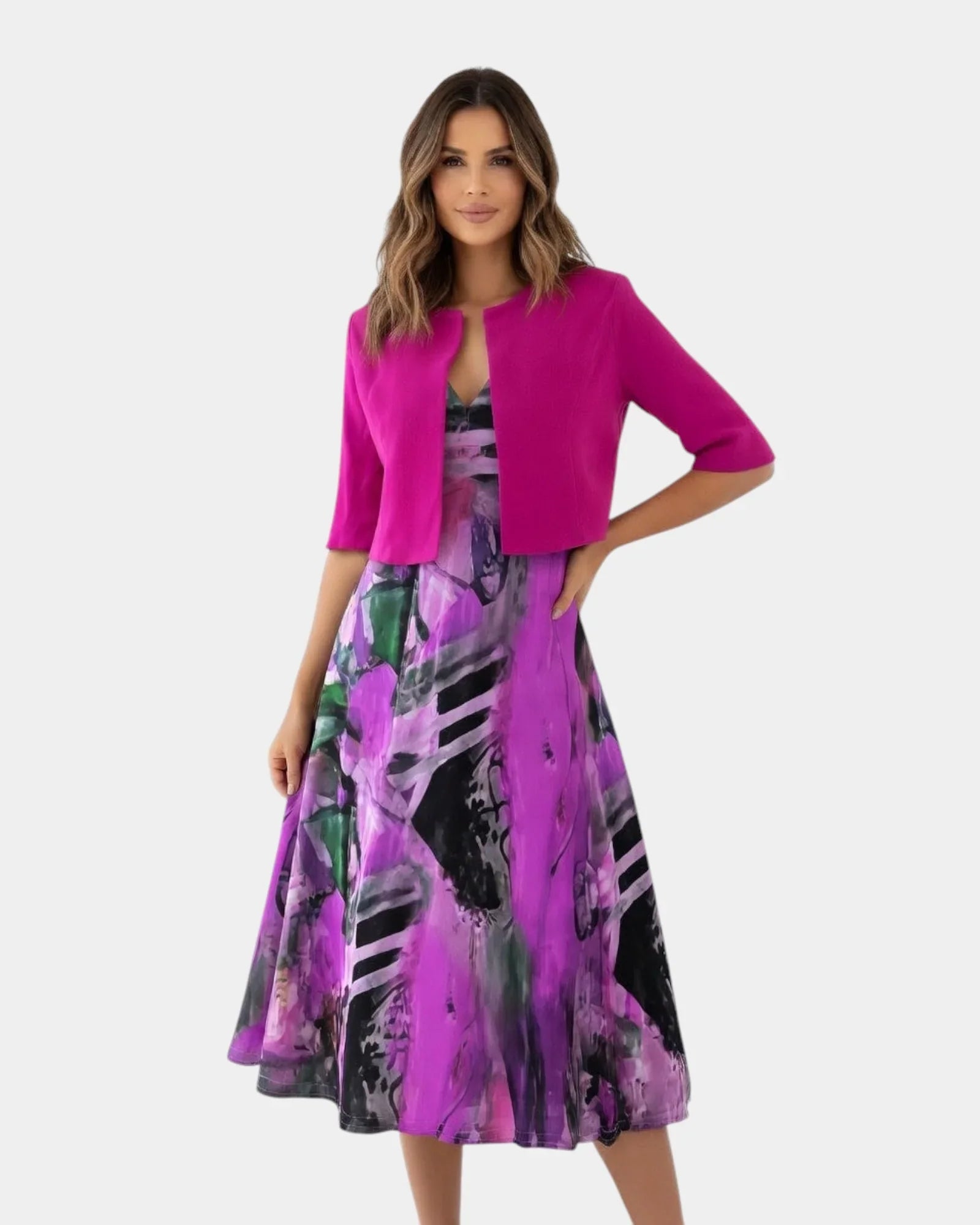 Stacy | Robe midi fluide imprimée avec veste assortie