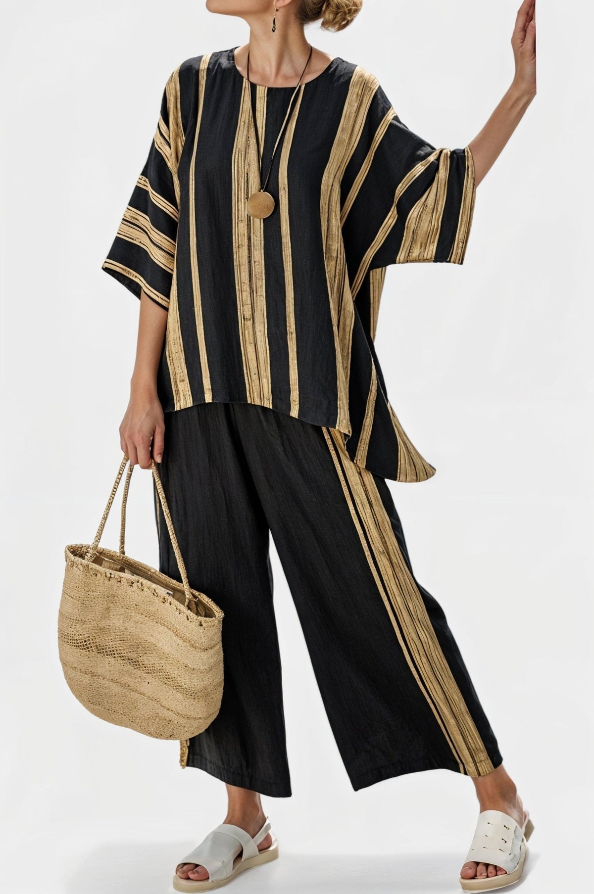 Tamara – haut oversized à rayures confortable et pantalon en lin décontracté