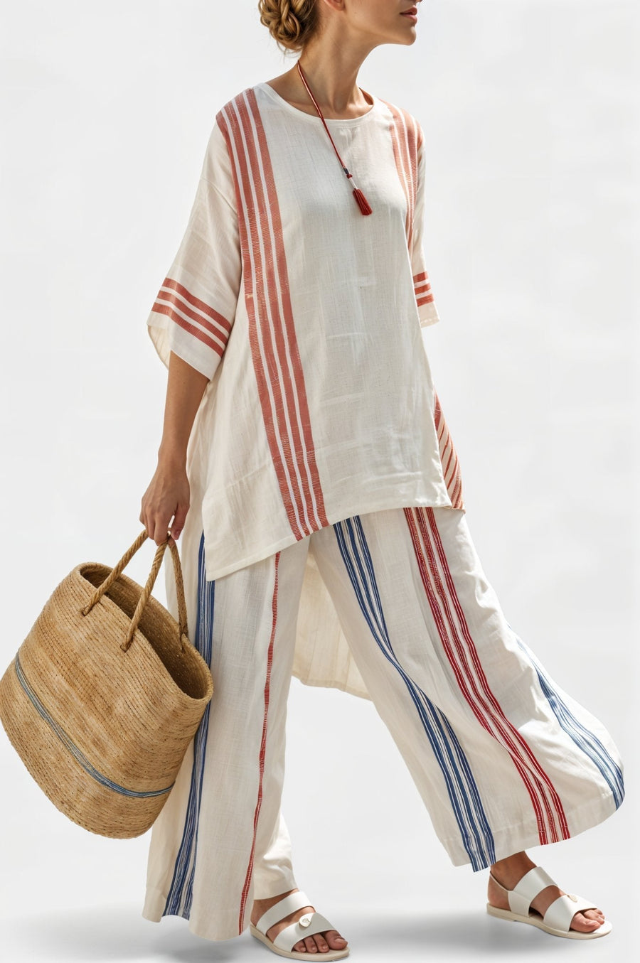 Ludovica – haut à rayures multicolores sophistiqué et pantalons méditerranéens