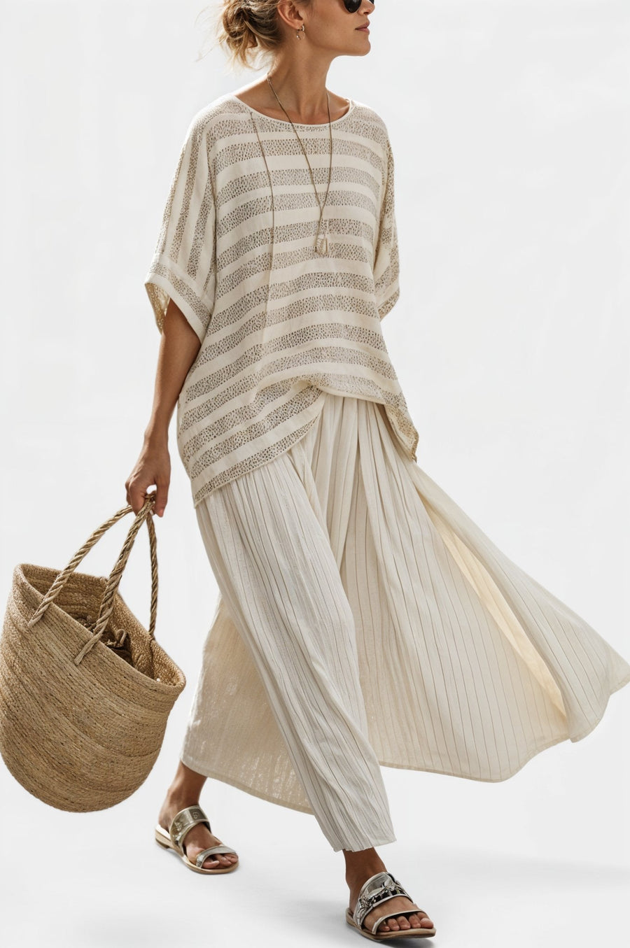 Graziella – top à rayures en bambou naturel et pantalons fluides en lin