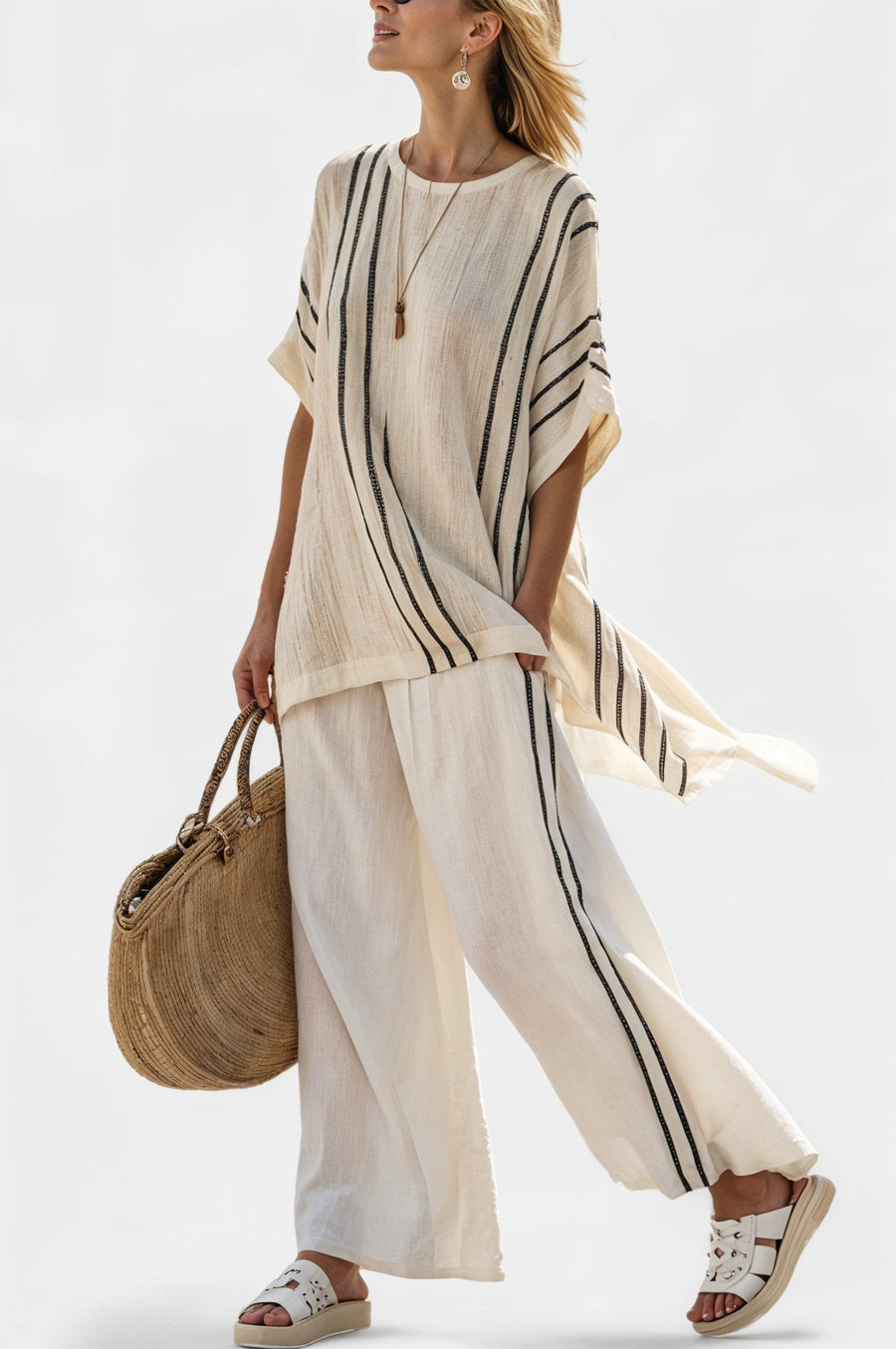Raffaella – blouse en lin beige élégante et pantalon à rayures noires