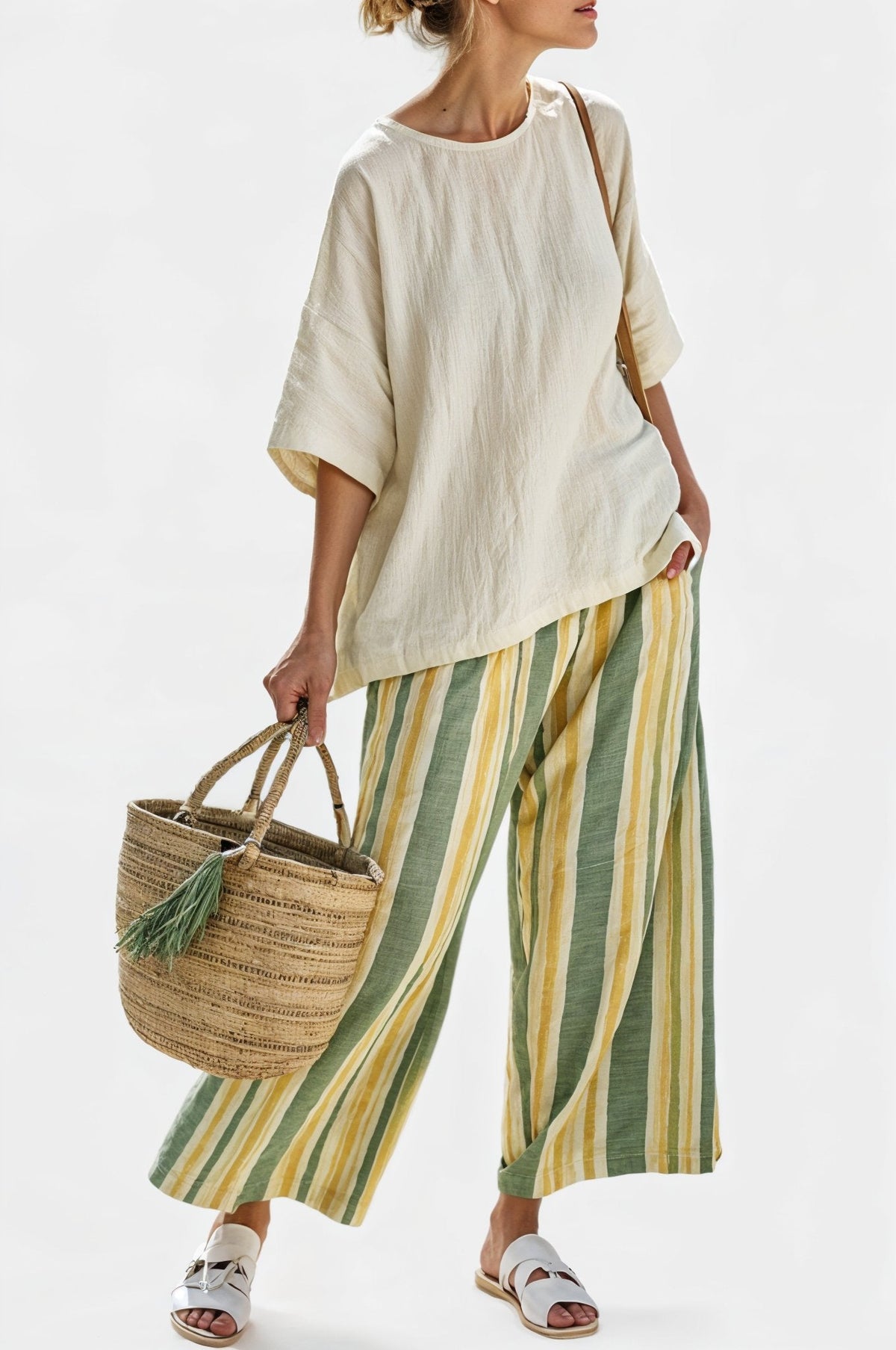 Caterina – haut sophistiqué et pantalon en lin à rayures