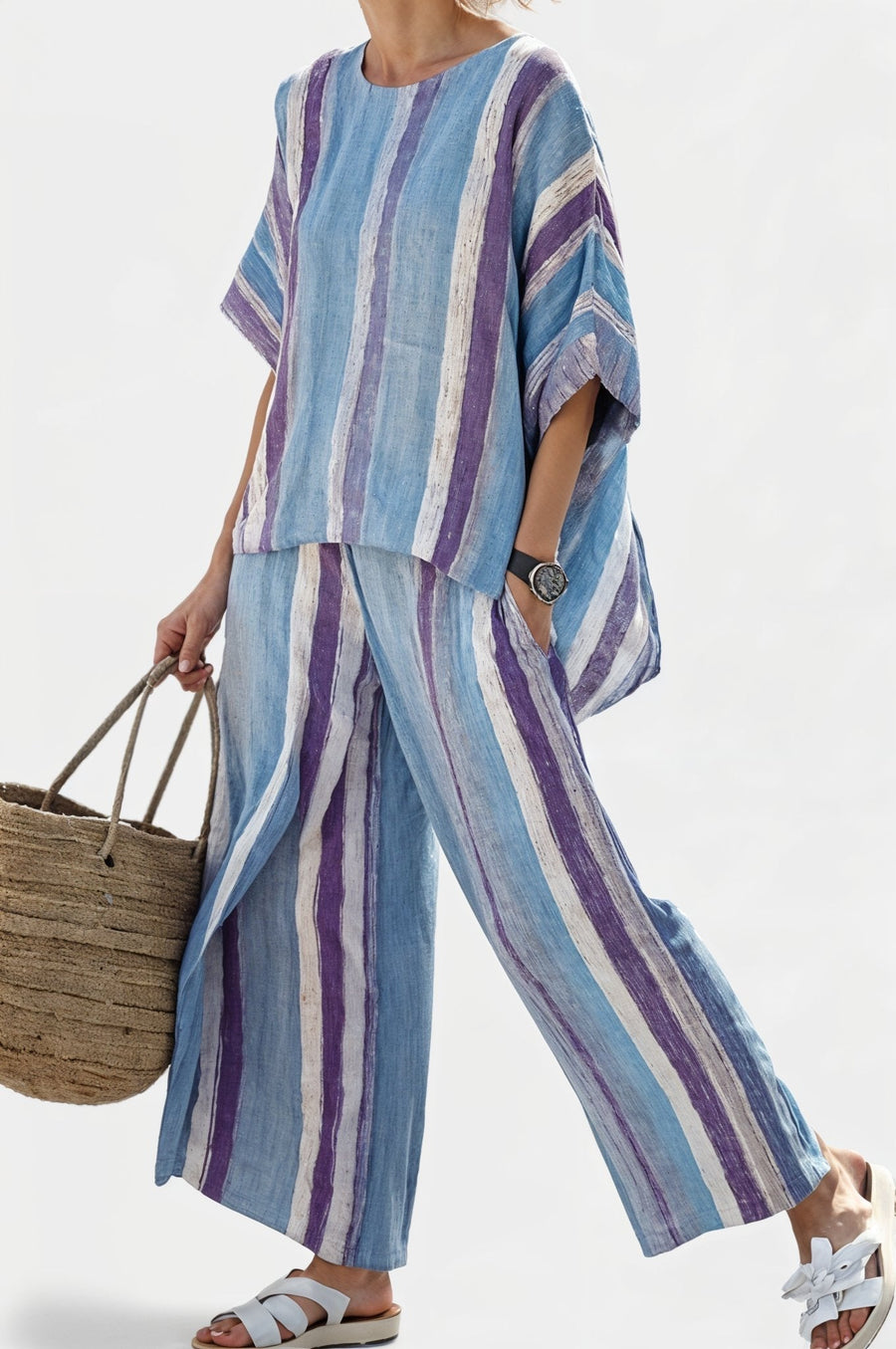 Ginevra – haut pastel mauve élégant et pantalons en lin à rayures