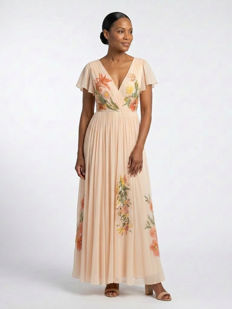 Calista | Robe Maxi Florale Plissée à Manches