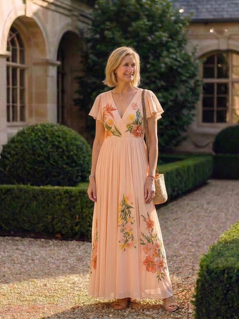 Calista | Robe Maxi Florale Plissée à Manches