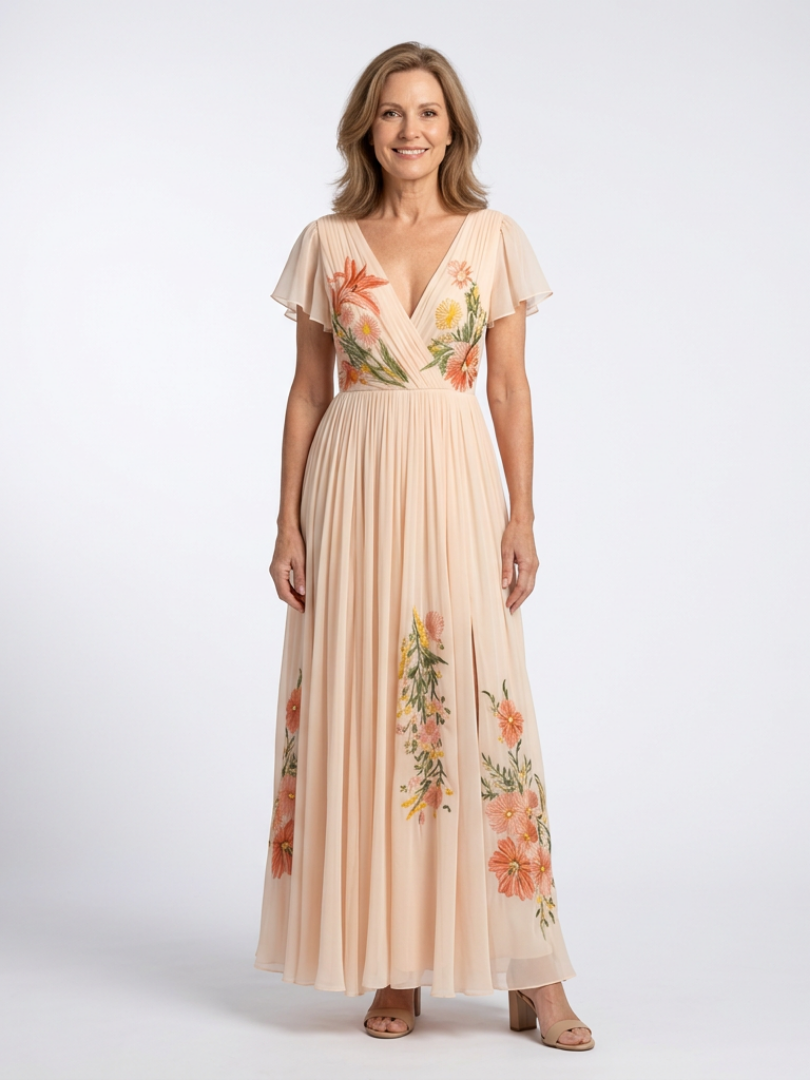 Calista | Robe Maxi Florale Plissée à Manches