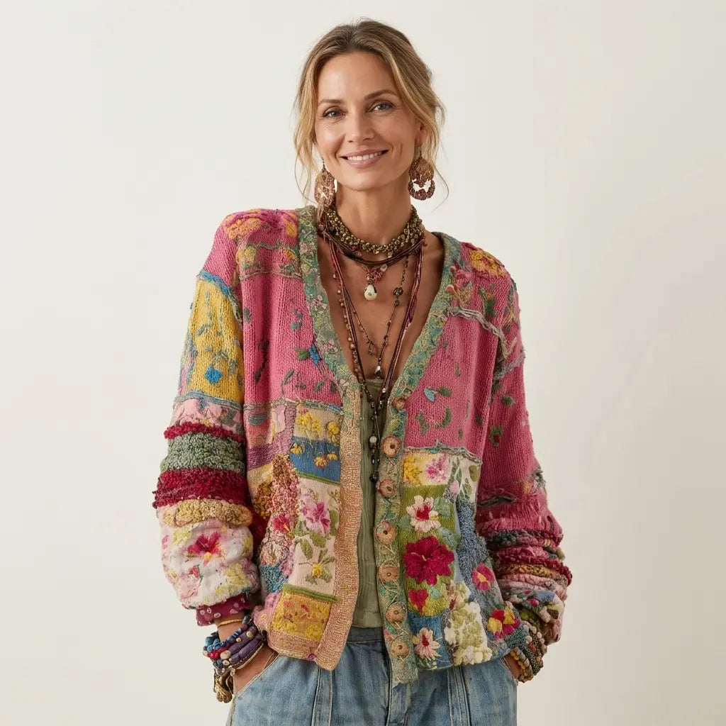 Marvelia | Gilet patchwork en maille avec broderie florale