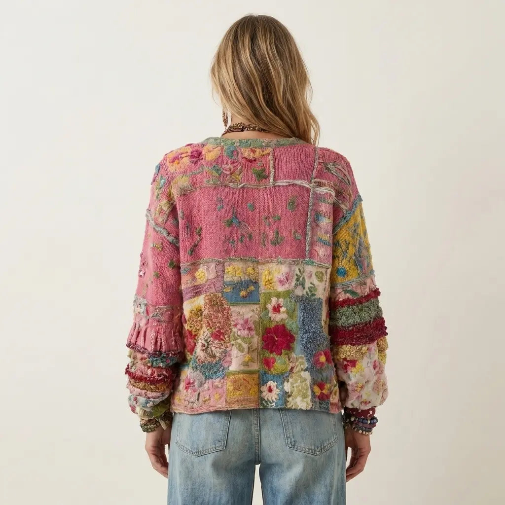 Marvelia | Gilet patchwork en maille avec broderie florale