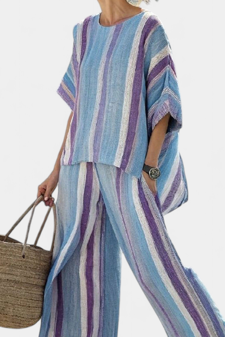 Ginevra – haut pastel mauve élégant et pantalons en lin à rayures