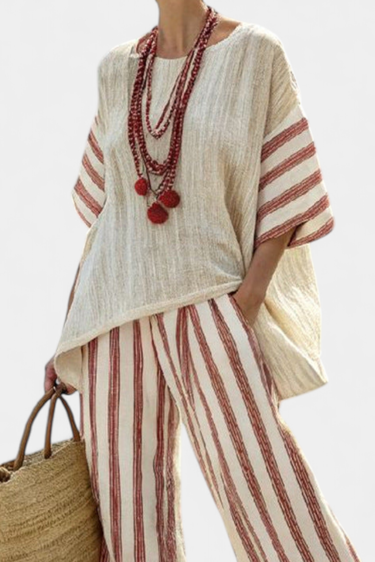 Rosalinda – haut à rayures rustique élégant et pantalons en lin crème