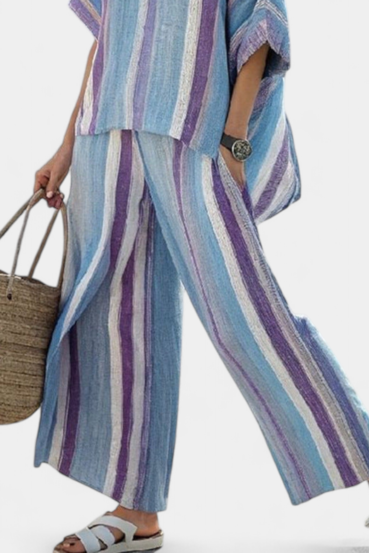 Ginevra – haut pastel mauve élégant et pantalons en lin à rayures