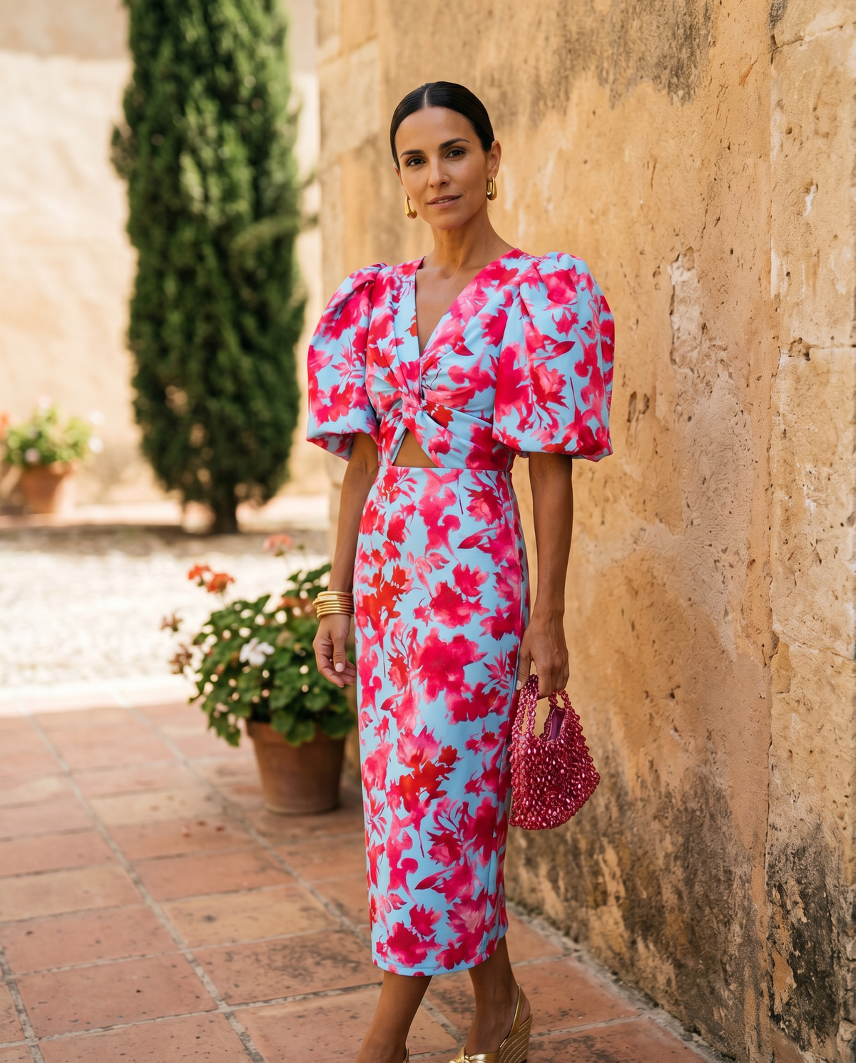 Aveline | Robe Mi-Longue Fleurie Manches Bouffantes