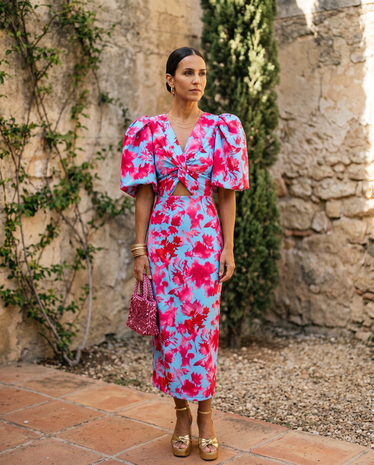Aveline | Robe Mi-Longue Fleurie Manches Bouffantes