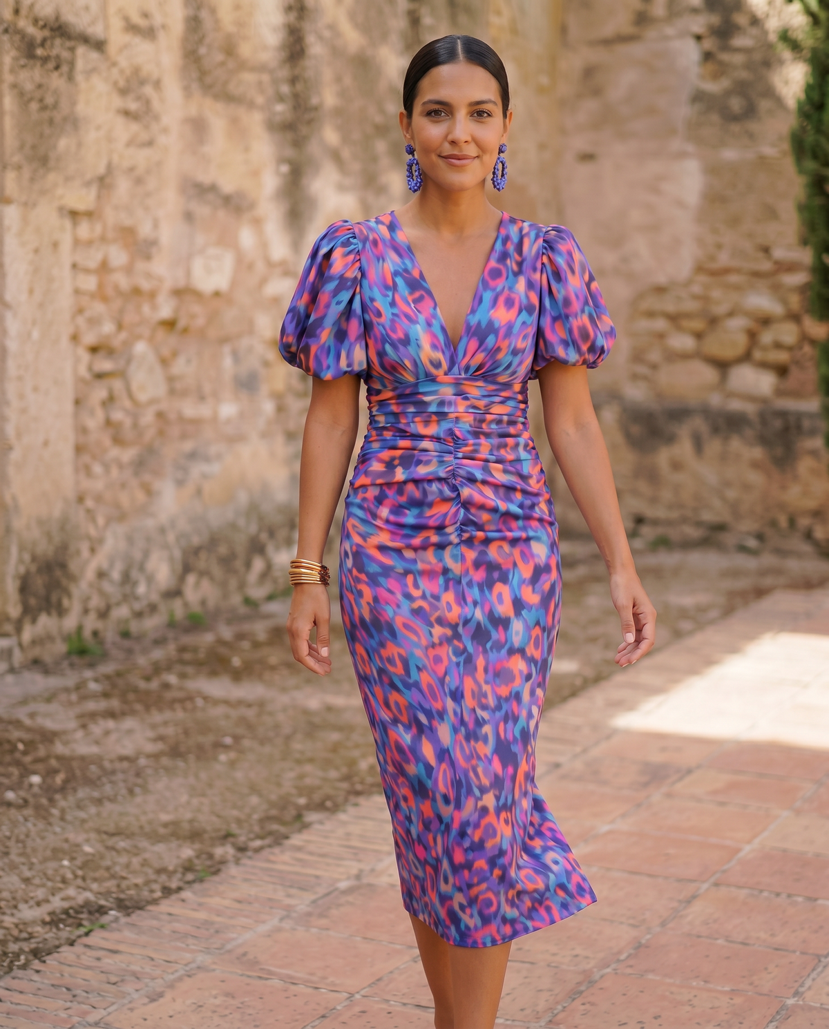 Aveline | Robe Mi-Longue Fleurie Manches Bouffantes