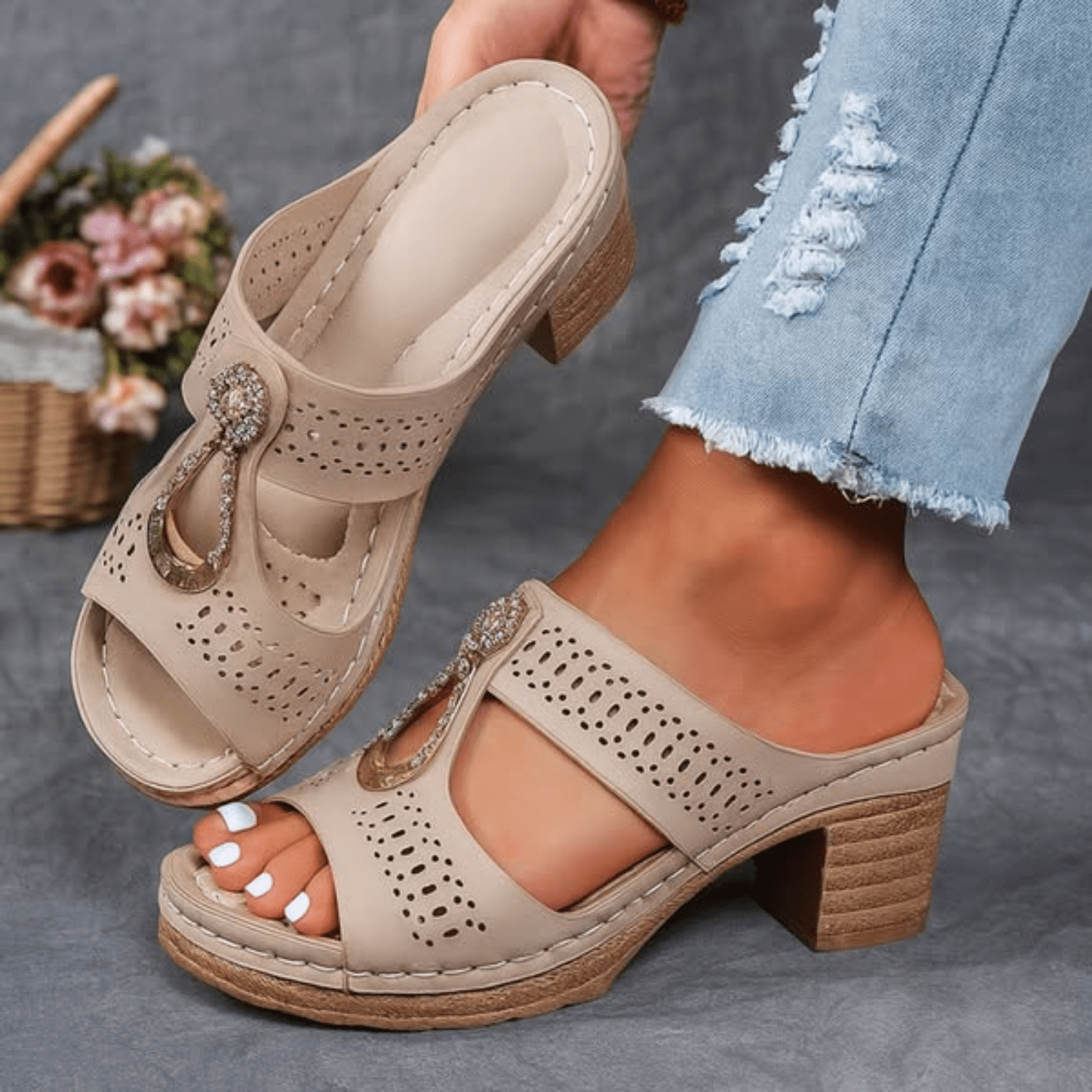 Roxane | Mules Talon Bloc Ajourées Bijou